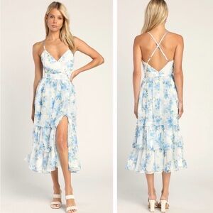 Lulus Cultivate Crushes White Floral Print Tiered Ruffled Midi Dress Size Large